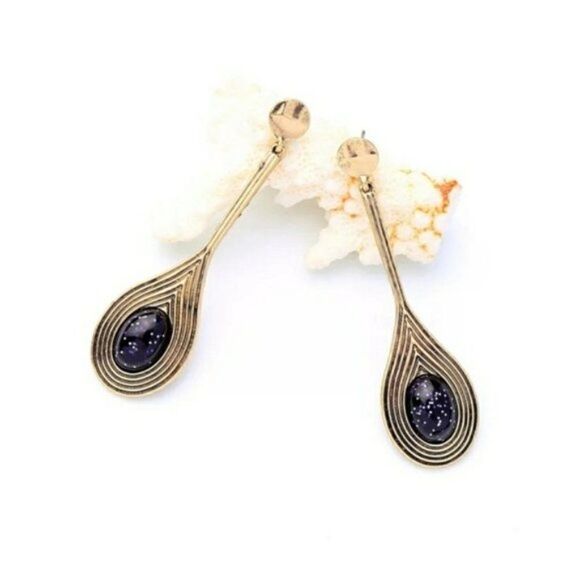 Blue Resin Rhinestone Vintage Gold Drop Dangle Statement Earrings - Picture 6 of 10